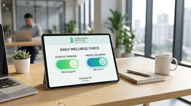 On and off toggle switch buttons with positive smile icon, positive thinking and mental health assessment concept for World Mental Health Day, bright minimal symbolic setup, clean corporate interface,