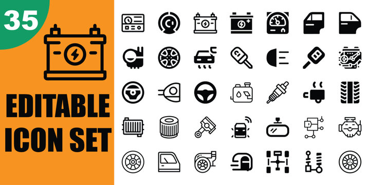 Set of thirtyfive editable vehicle maintenance and repair icons on transparent background