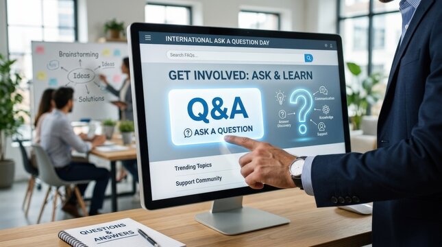 International Ask a Question Day concept, businessman hand clicking Q&A or FAQ button, question mark, answer discovery, communication and brainstorming for support or information search, clean