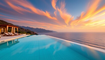 Fototapeta premium The image features a luxurious infinity pool overlooking a calm ocean, with the water blending seamlessly into the horizon