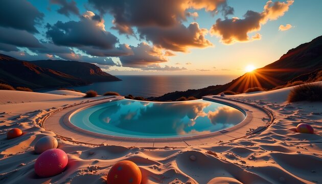 The image features a circular swimming pool situated on a sandy area overlooking a vast body of water, with mountains in the distance