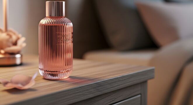 Luxury skincare toner bottle on wooden vanity table
