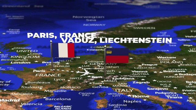 Flight From Paris FRANCE to Vaduz LIECHTENSTEIN with flag pins