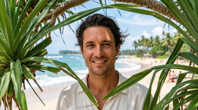 Close up portrait of a man seen through pandanus leaves, tropical beach lifestyle image with natural framing, relaxed expression and sunlit coastal mood natural light, realistic detail, clean