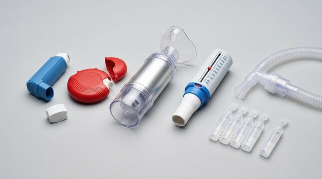 Inhalers, peak flow meter, metal spacer, nebulizer mouthpiece and plastic ampoules on a plain background, lung health support and respiratory care concept for medical education and pharmacy campaigns,