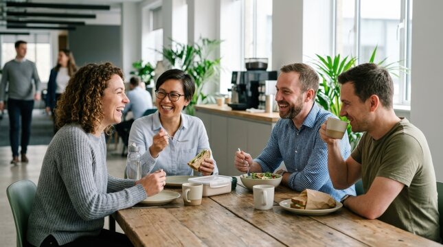 Lunch break fun, candid workplace lifestyle concept for friendship, casual office moments, team culture and everyday joy with relaxed social energy and authentic mood, soft natural light,