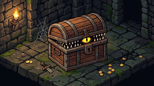 Scary wooden mimic chest with sharp teeth and a glowing yellow eye