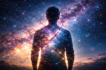 Fototapeta premium Silhouetted figure immersed in a vibrant cosmic galaxy background