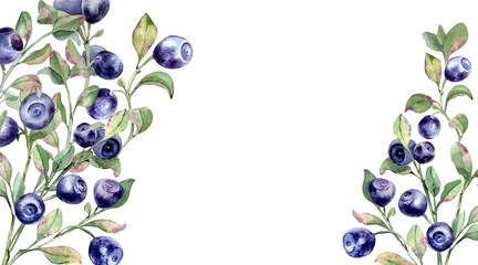 Watercolor illustration of bilberry shrub on corner border isolated white. Botanical frame with hand drawn blue berry and green leaf elements. Decorative plant design for invitation or greeting card. © Ekaterina Lanbina