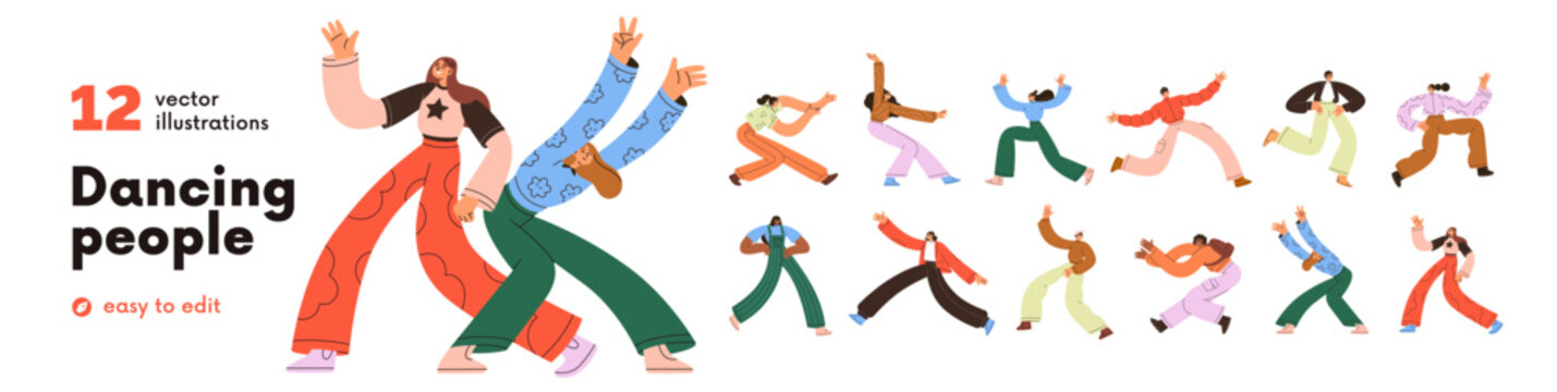 Happy dancing people set. Funny, excited male and female dancers in active motion. Energetic young men and women do fun movements, dynamic poses. Flat vector illustration isolated on white background