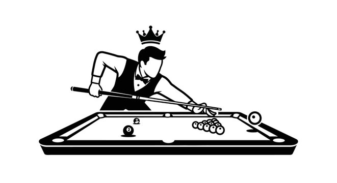 Billiard King playing pool, graphic illustration of man with crown aiming cue stick at balls