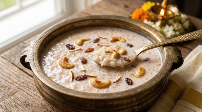 Kerala palada payasam, creamy rice dessert with delicate sweetness and festive South Indian appeal for restaurant menus, dessert branding and traditional food promotion themes, soft light, realistic
