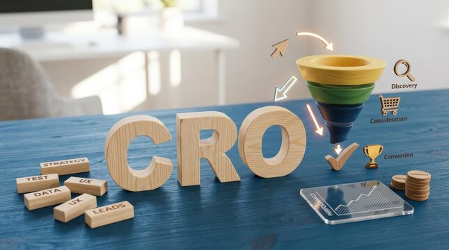 Conversion Rate Optimization concept with wooden letters CRO on blue background, success strategy, marketing funnel, business performance improvement and customer journey metrics visualization, clean
