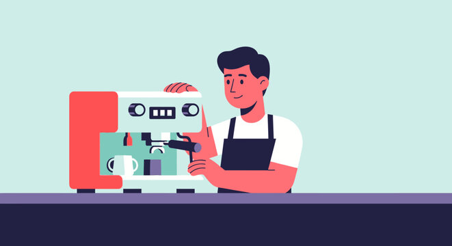 Barista making coffee with espresso machine, flat illustration