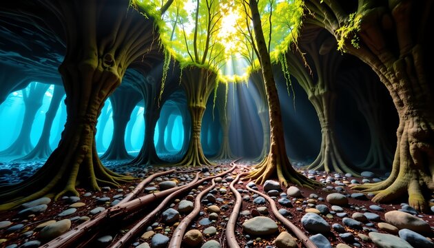 The image depicts an enchanting, otherworldly forest scene with large, twisted trees whose roots and trunks appear almost surreal in shape