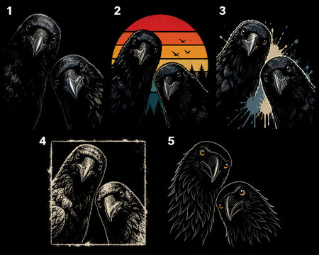 Dark Raven Illustration Set in Gothic Vintage and Modern Styles with Dramatic Black Background