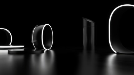 Fototapeta na wymiar Minimalist composition featuring glowing circular forms against dark reflective surface. Abstract shapes create futuristic aesthetic.