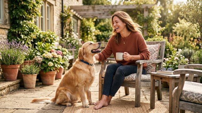 Woman laughing while sitting at the patio with a dog, warm home or vacation lifestyle scene with companionship, joy and casual comfort, strong stock appeal for pets, relaxation and everyday happiness