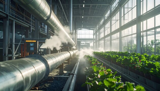 Carbon Capture Utilization Concept: Large Industrial Pipes Releasing CO2 Vapor to Nourish Green Plants inside a Modern Greenhouse
