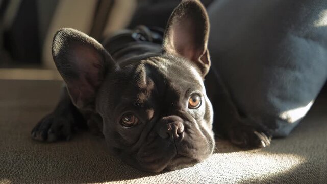 A contented French bulldog with big brown eyes and floppy ears enjoys the comfort of a soft surface.