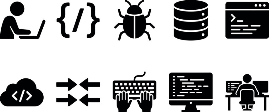 Black and white illustration set of web development and programming icons on white background