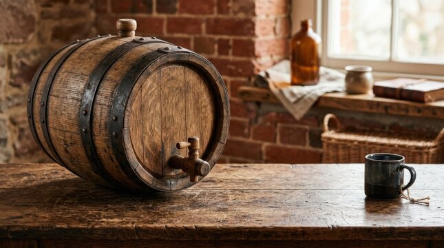 Vintage wooden barrel on a rustic desk with free space for decoration, warm retro backdrop for beverage, craft or heritage product display in a textured interior setting, soft natural light, realistic