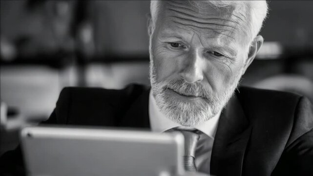 A man in a suit looking at a tablet computer with a furrowed brow, indicating worry or concern.