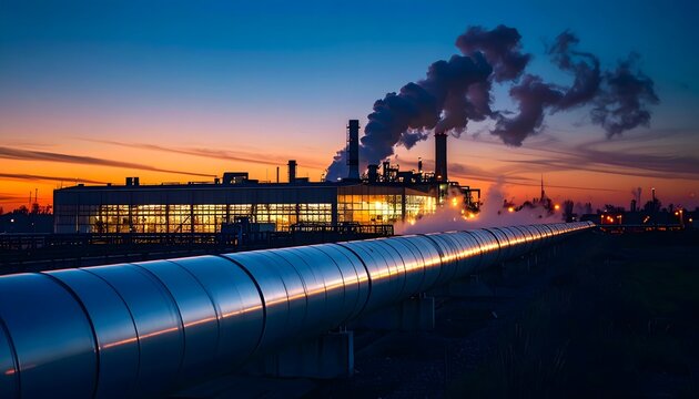 Carbon Capture and Storage Infrastructure: Long Metallic Pipeline Leading to an Industrial Power Plant at Dramatic Sunset