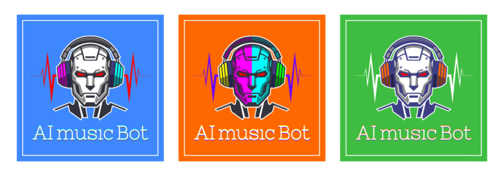 Vector set of color icons and stickers. Brutal serious iron robot head with headphones. Sharp acoustic noise wave. AI music bot. Decal collection. Virtual cyber sound technologies. Logo