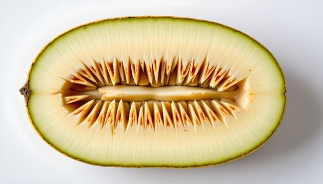 The image depicts a close up view of a halved fruit, revealing its interior structure. The outer skin is thin and brownish, encasing a pale, creamy flesh