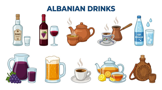Collection of Traditional Albanian Drinks and Beverages.