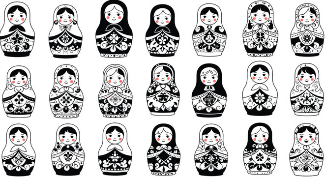 Three rows of traditional Russian nesting dolls or matryoshka with intricate black and white decorative patterns and red cheek accents.