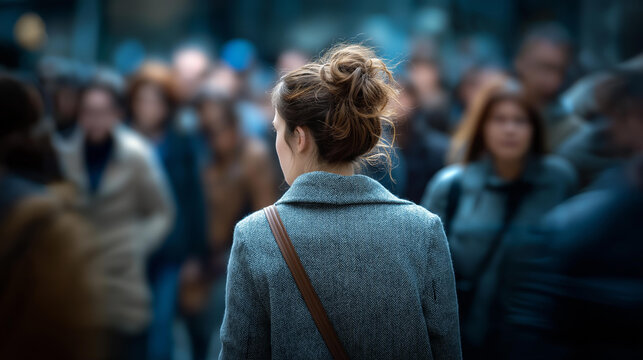 Person standing still in moving crowd with blurred motion and background conveying isolation disconnection and lonely alienation