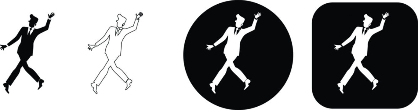 Man in suit walking with arm raised, silhouette, outline, circle square