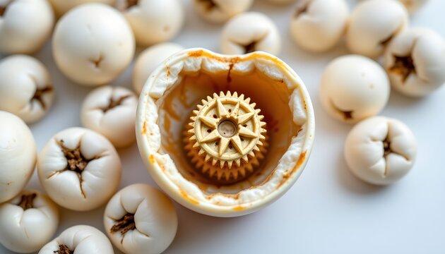 The image features a lemon squeezer placed inside a halved lemon, surrounded by numerous whole lemons on a white surface