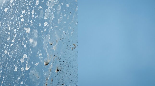 Dirty window pane contrasted with a clean blue background texture