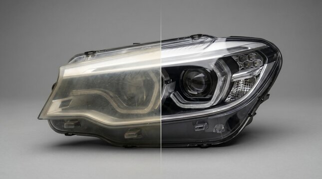 Automotive headlight demonstrating before and after restoration results.