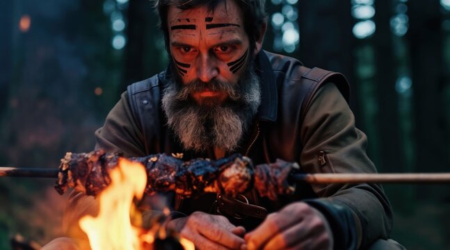 Bearded man with face paint cooks meat over campfire in forest. Man with primal look roasts food on stick. Hunter prepares meal outdoors, survival, tradition, wilderness.