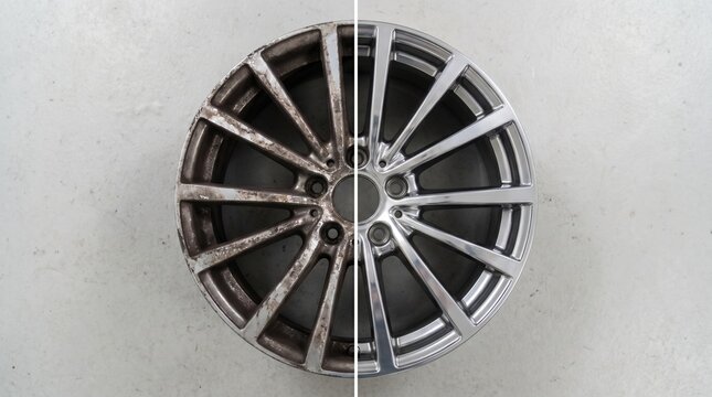 Before and after cleaning of a car alloy wheel, revealing its shiny finish.