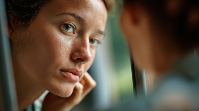 Person reflection in mirror with partially cropped face conveying ambiguity and introspective mood against a blurred background