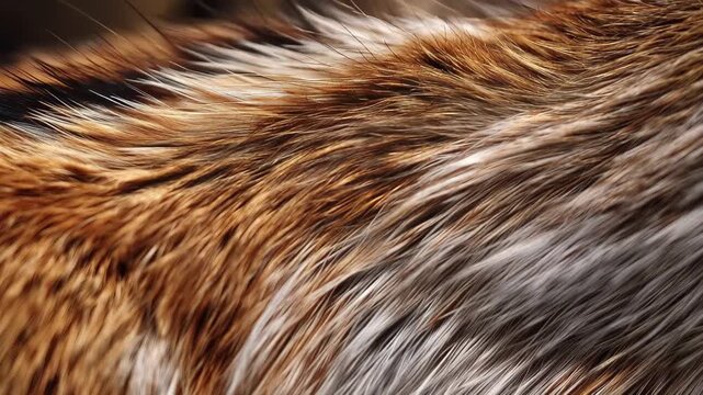 Close view of fur with brown and orange stripes showing texture, patterns and softness in natural light at a close distance during mid-afternoon hours