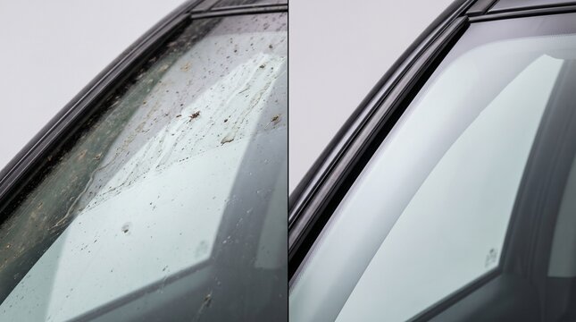 Dirty and clean car windshield before and after washing comparison.