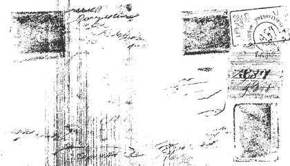 Obraz premium Black ink handwritten script and stamps on distressed white paper background with vertical lines
