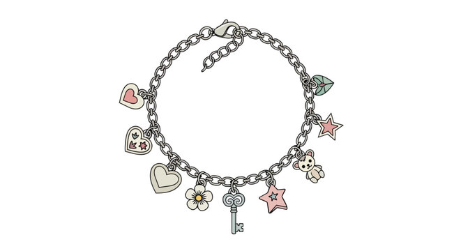 Cute silver charm bracelet illustration with heart star flower key and teddy bear pendants on white background