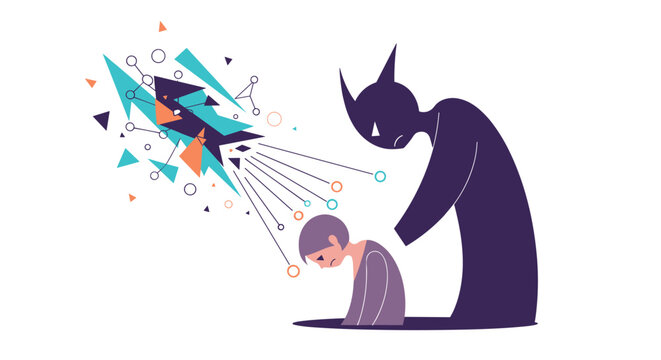 Dark demonic shadow figure whispering negative thoughts to a sad and hunched over person symbolizing depression and inner mental struggles.