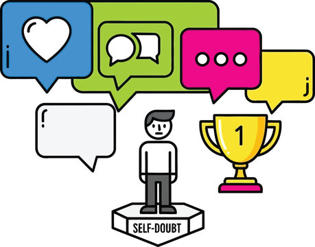 Man with Self-Doubt standing on podium surrounded by social media and trophy