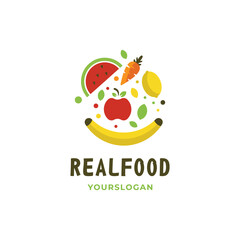 Fototapeta premium Real Food Healthy Logo with Fresh Fruits and Vegetables Flat Design