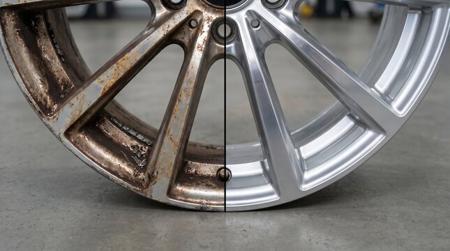 Car Wheel Rim Before and After Professional Cleaning and Refurbishment