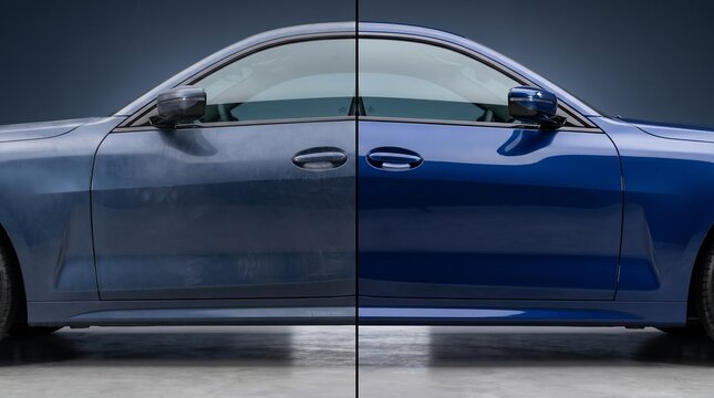 Blue car paint correction before and after comparison in studio.