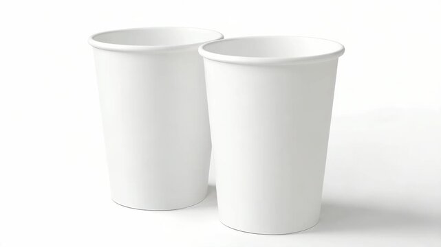 Plastic white cups stacked on a gray surface with a white background.